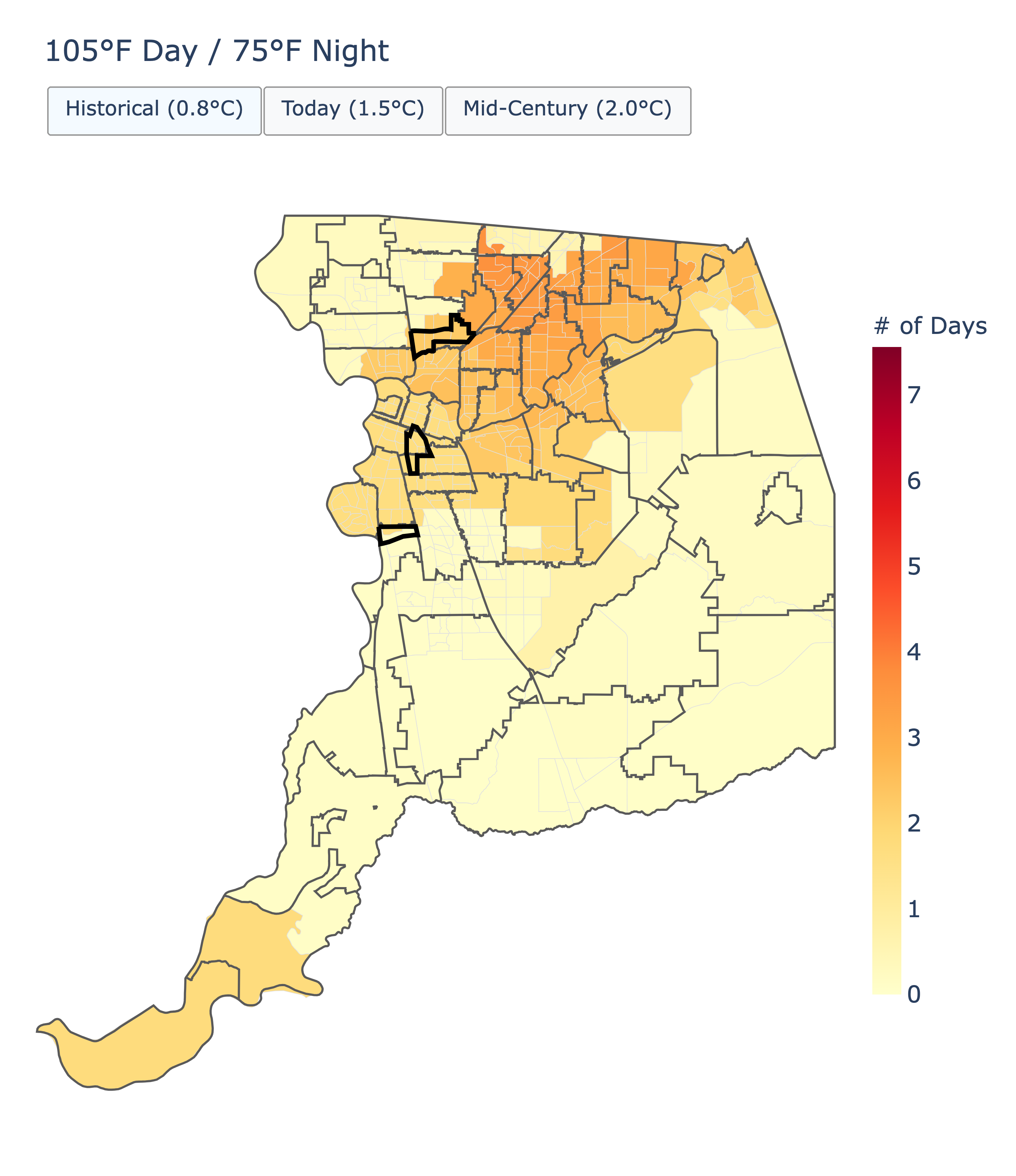 Choropleth map of the 105°F day / 75°F night heat metric across Sacramento County census tracts, comparing the 0.8°C historical baseline against 1.5°C and 2.0°C warming levels.