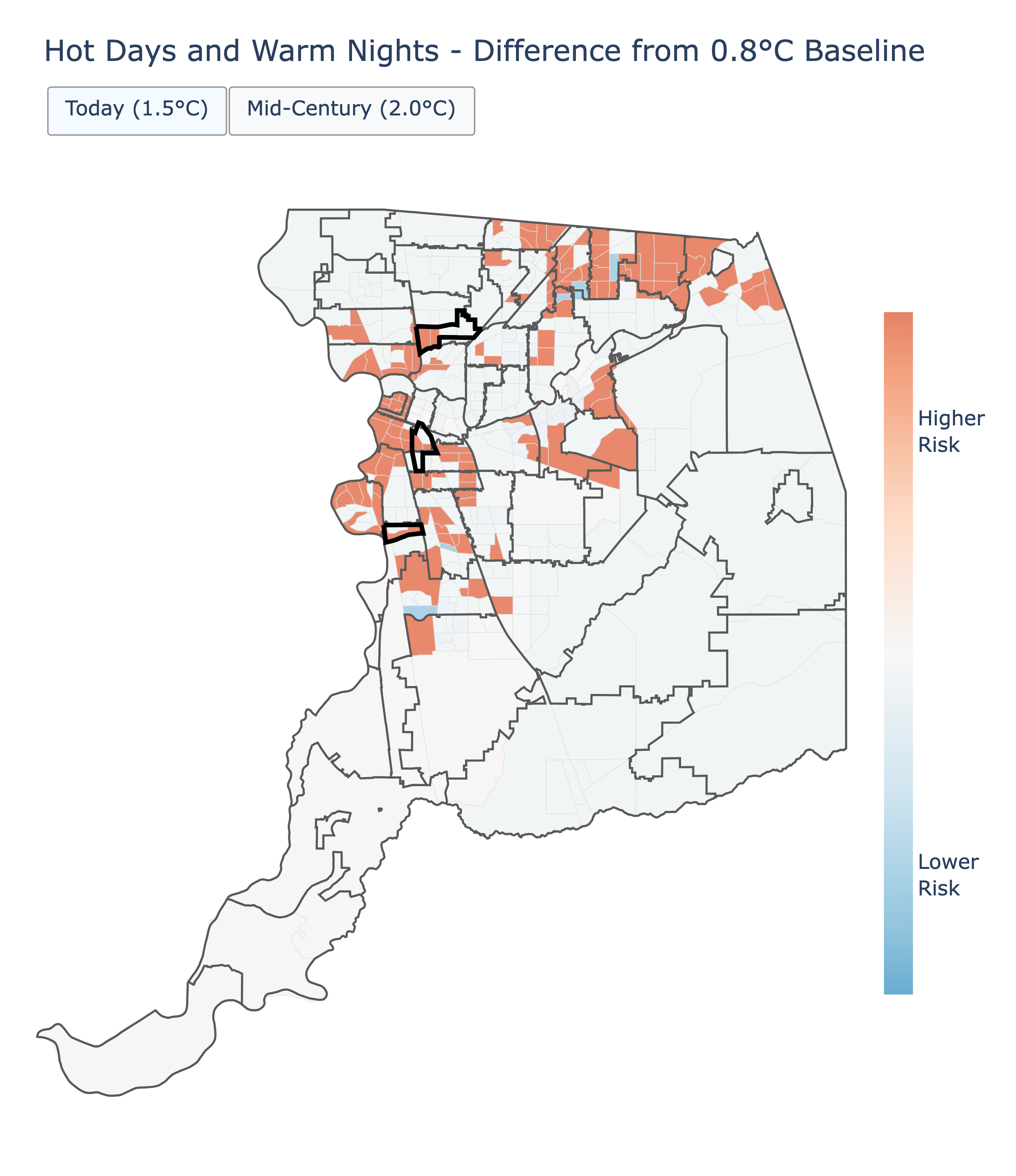 Choropleth map of change in CRAI heat hazard score for the 105°F day / 75°F night metric across Sacramento County census tracts, comparing 1.5°C and 2.0°C warming levels against the 0.8°C historical baseline.