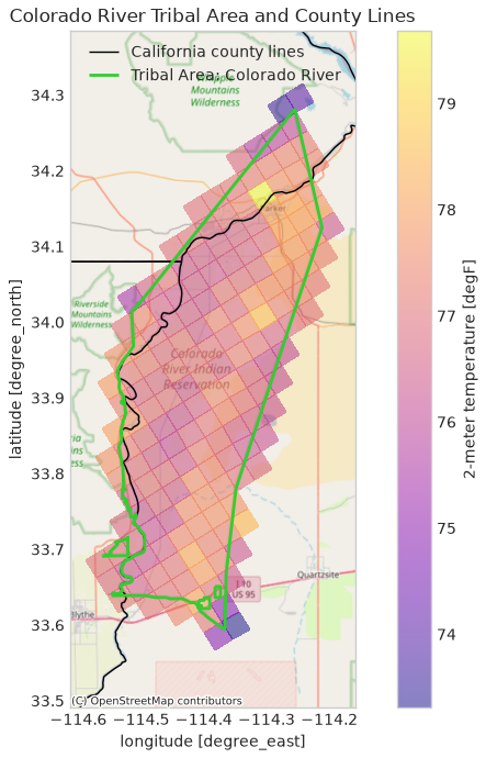 Map of gridded 2-meter temperature, ranging from about 73 to 80 degrees Fahrenheit, clipped to the Colorado River tribal area. The tribal area boundary is outlined in green and California county lines are drawn in black over a basemap.