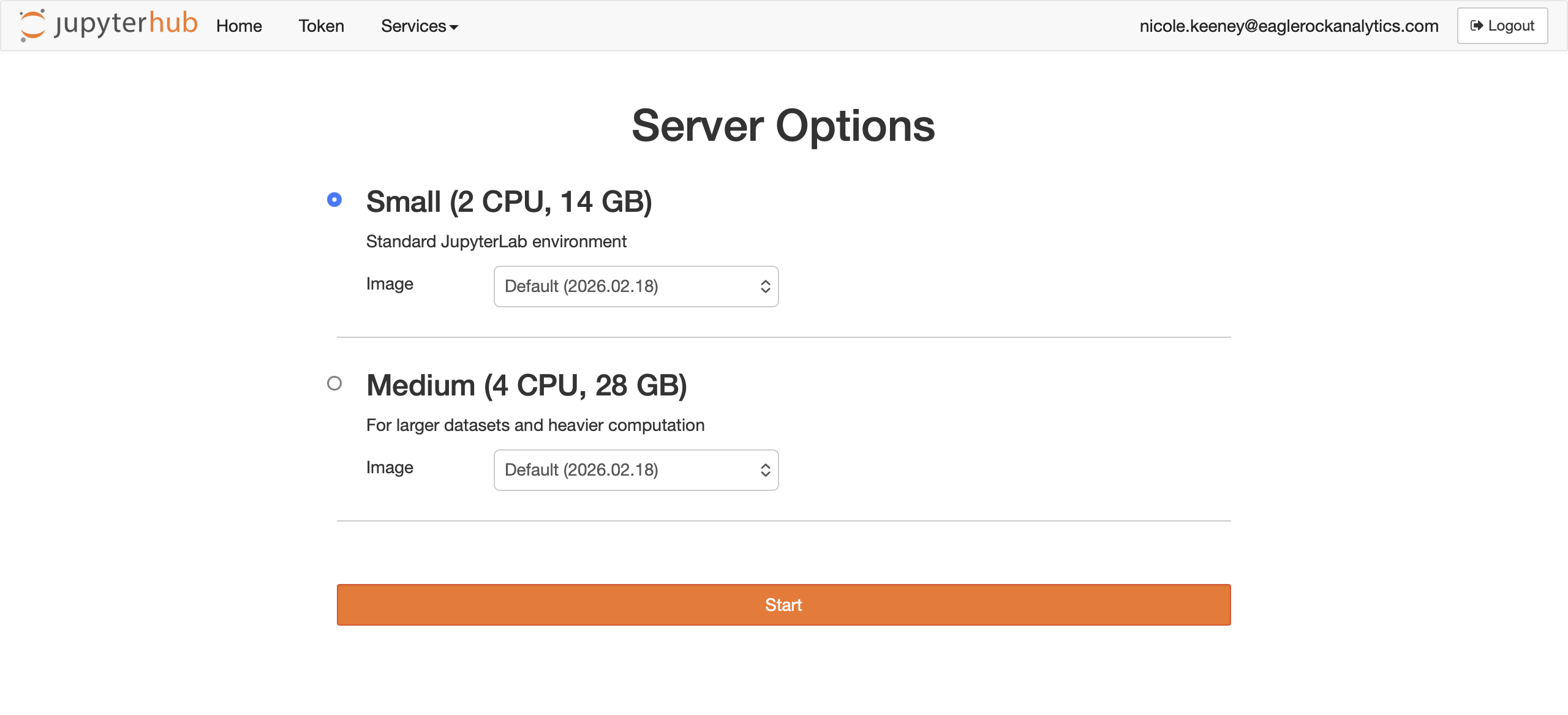 Screenshot of the JupyterHub server options page, showing Small and Medium server size choices and a Start button.