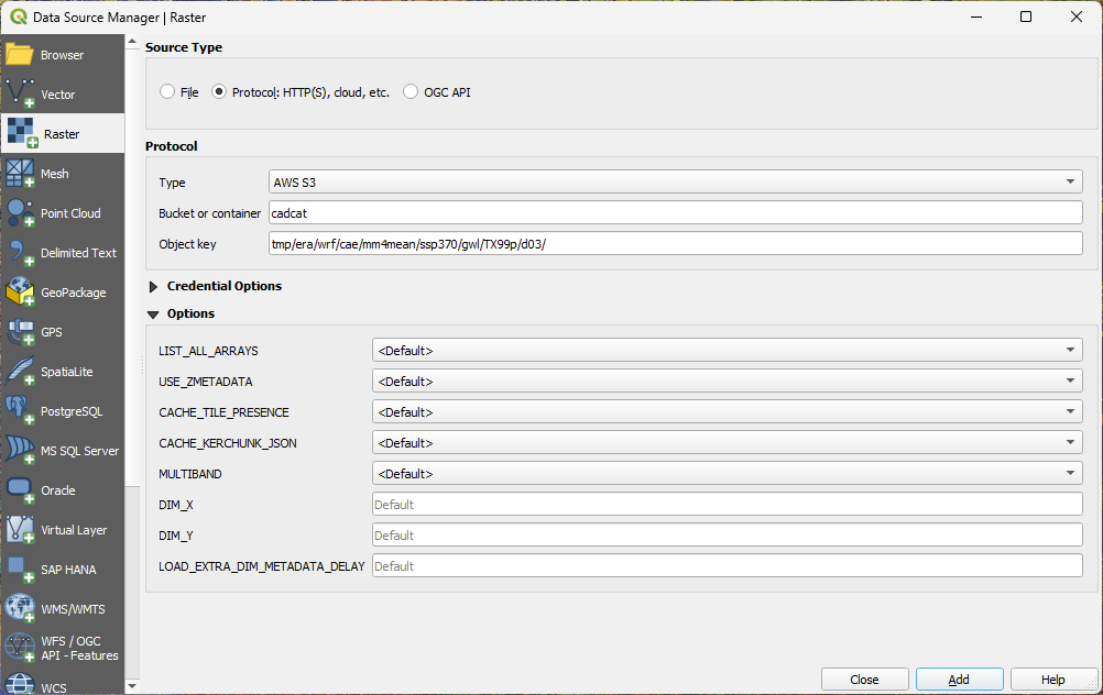 Screenshot of the QGIS Data Source Manager Raster dialog configured to connect to the cadcat S3 bucket via the AWS S3 protocol.