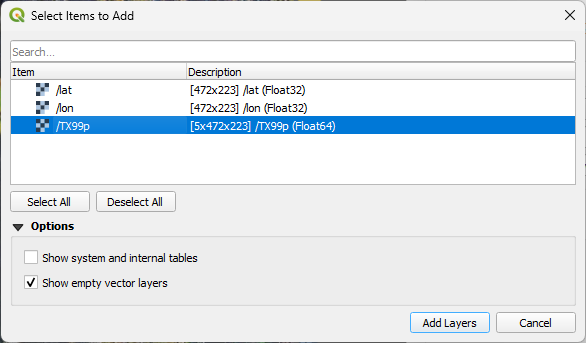 Screenshot of the QGIS Select Items to Add dialog showing the TX99p variable with a shape of 5x472x223.
