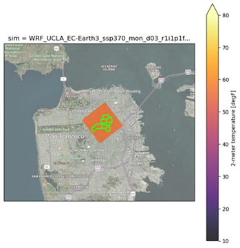 Figure 1. Example of spatial mismatch between a single model grid cell and multiple census tracts within the city of San Francisco, CA. If extracting air temperature for these seven census tracts, each tract would result in the same value, despite actual microclimatic differences within these neighborhoods.  Census tracts shown here are: 161.02, 202.02, 167.00, 168.01, 168.02, 162.00, 163.00, San Francisco, CA.