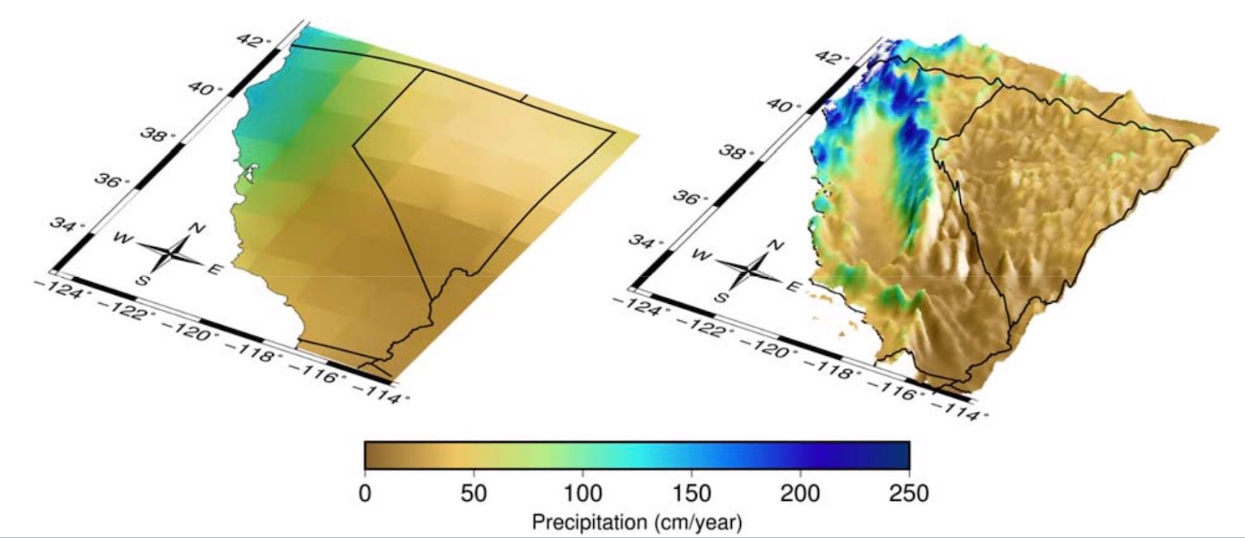 Image of Figure 1 depicting the resolution difference in downscaling precipitation data.