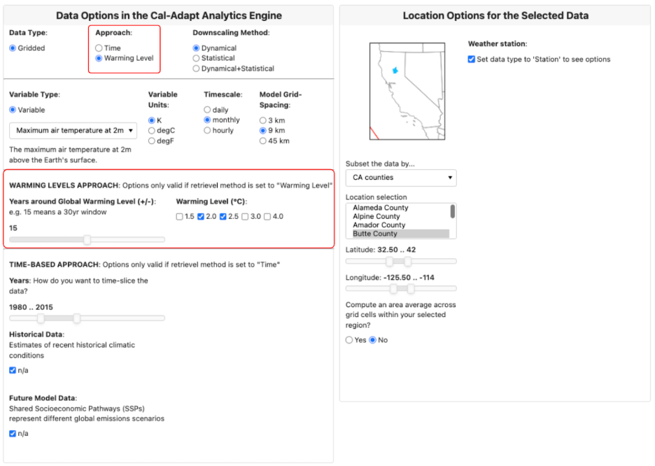 Climakitae Select GUI showing warming level selection.