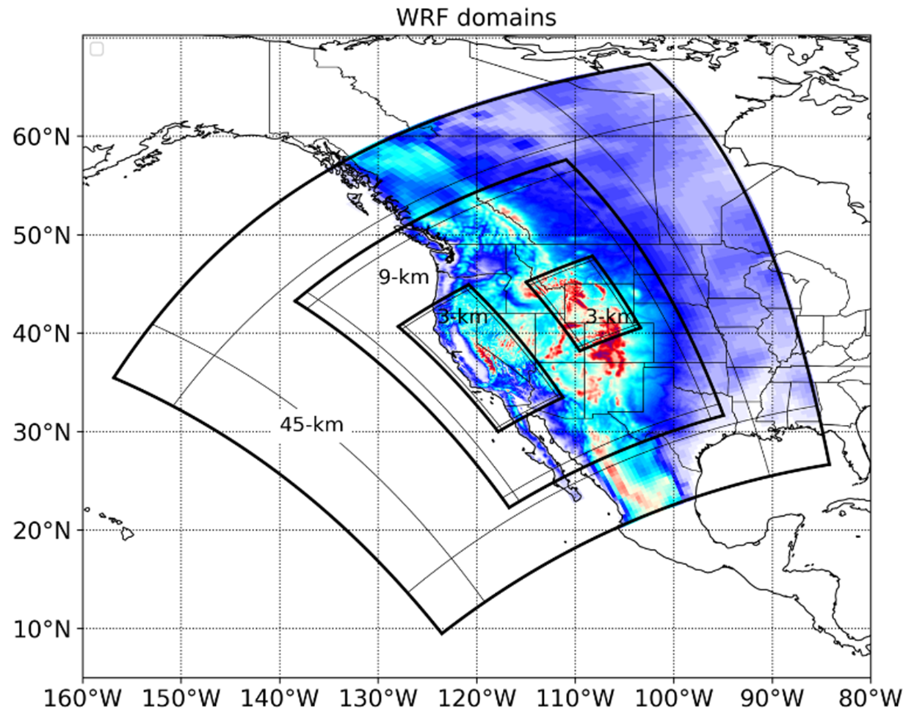 Image of data coverage extents for the various resolutions of WRF data