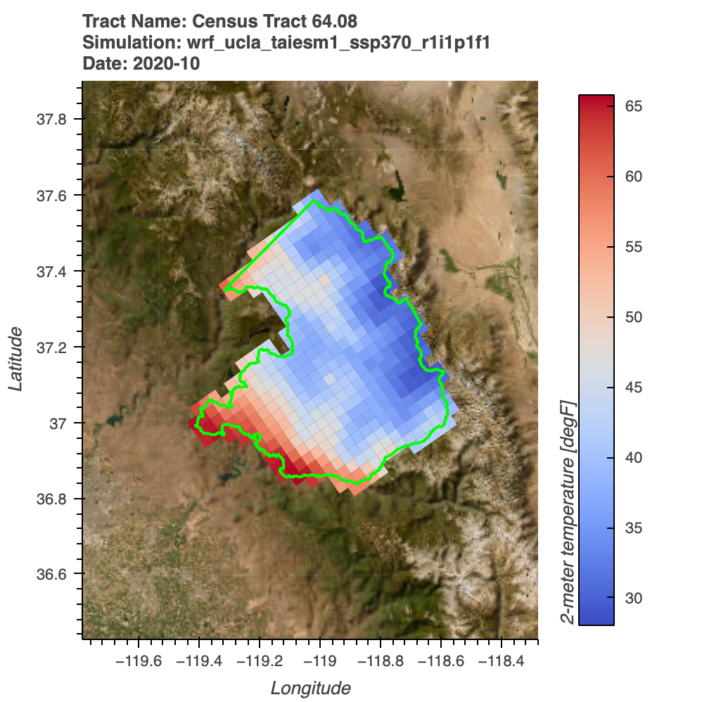 Map of a large rural census tract in eastern Fresno County spanning multiple climate model grid cells across the Sierra Nevada foothills.