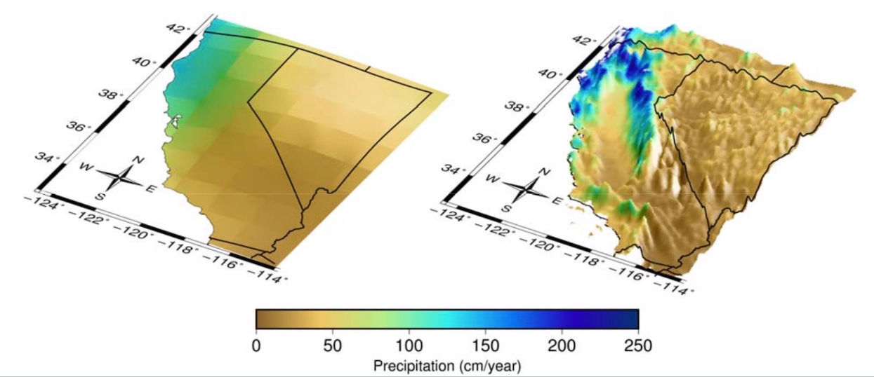 Side-by-side comparison of coarse-resolution raw GCM precipitation output and fine-scale LOCA2-Hybrid downscaled precipitation output over California.